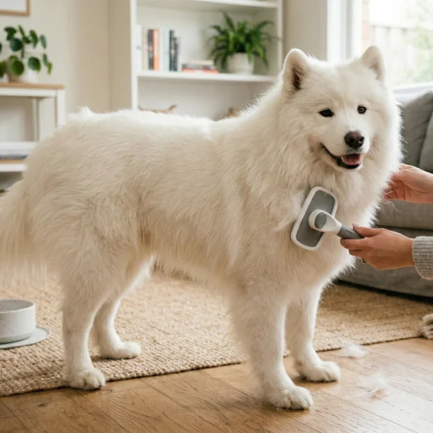samoyed being brushed