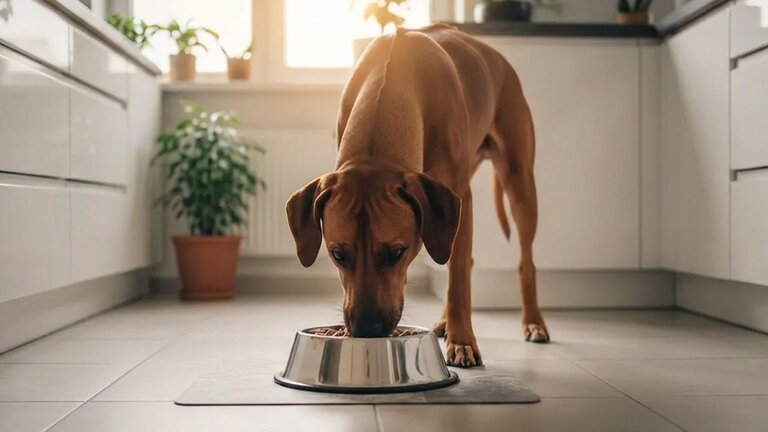 rhodesian ridgeback eating from stainless steel bowl in kitchen