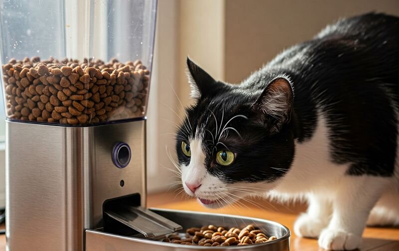 cat eating from automated feeder