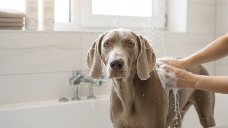 weimaraner-getting-bathed