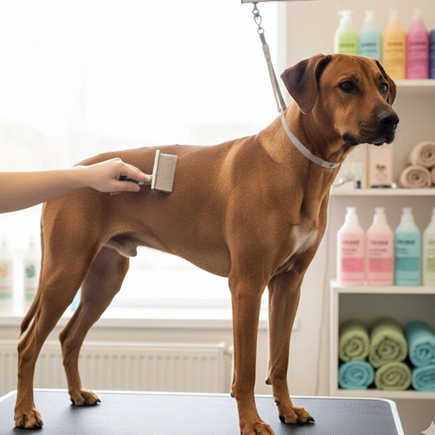 rhodesian ridgeback being groomed