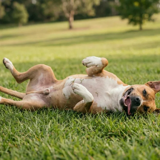 AmStaff rolling on grass