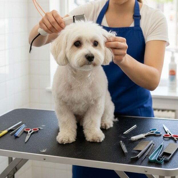 havanese being professionally groomed