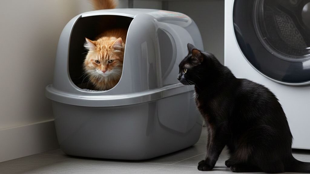 cat using litter box while other waits