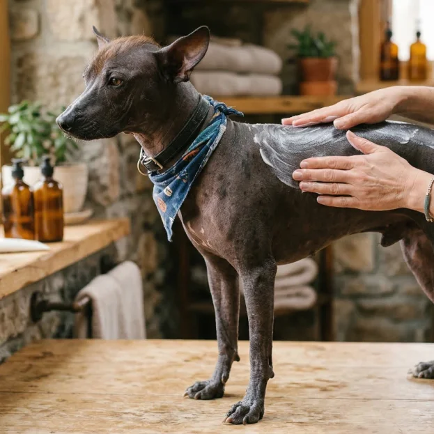 Xoloitzcuintli having moisturiser applied