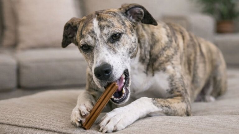 greyhound eating dental chew