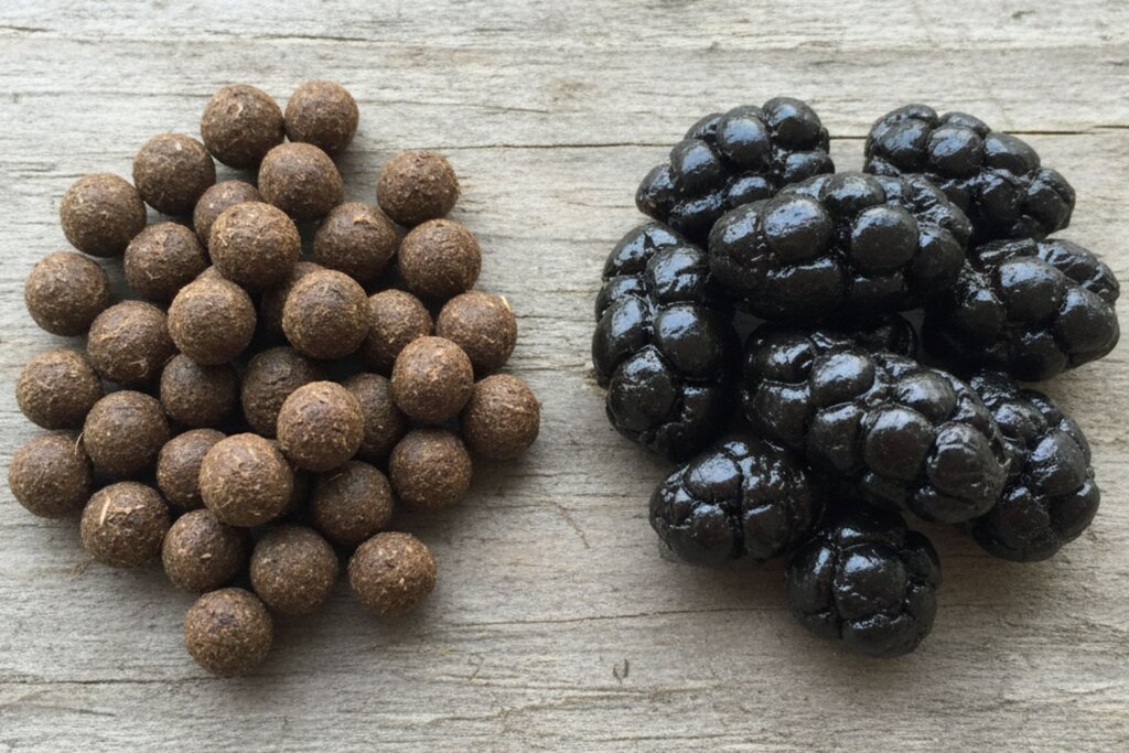normal rabbit faecal pellets and rabbit caecotrophs side by side 