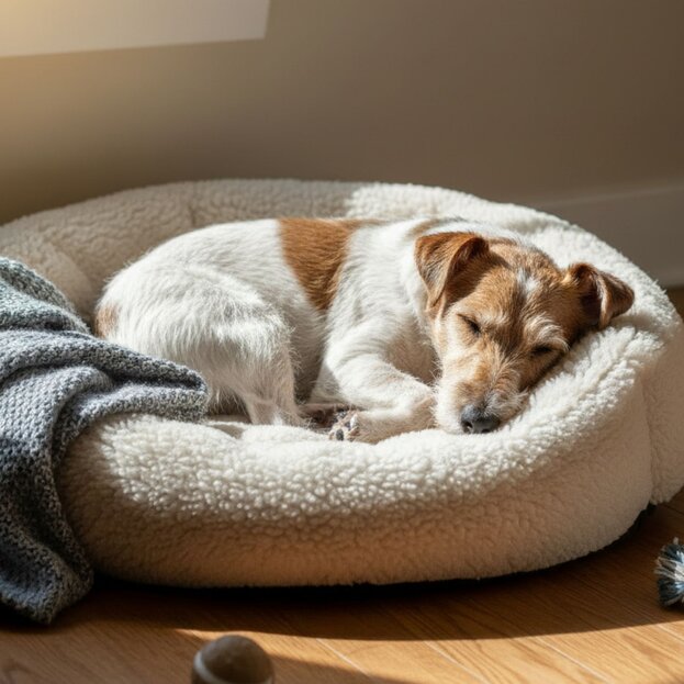 fox terrier sleeping in bed