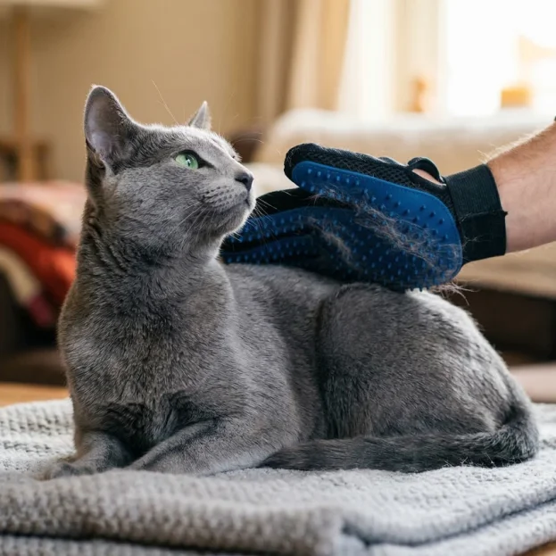 Russian Blue cat being groomed with grooming glove