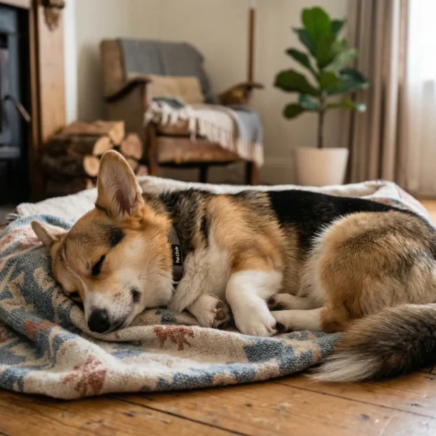 corgi sleeping on blanket in front of fire