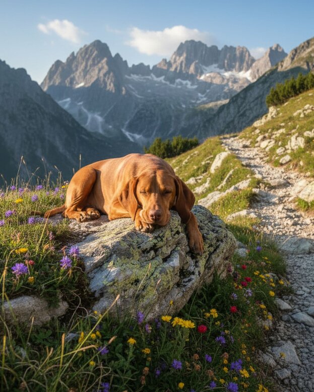 hungarian vizsla laying on rock