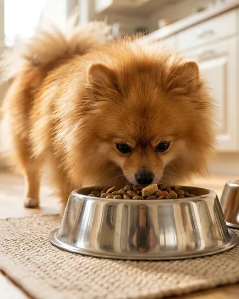 pomeranian eating from stainless steel bowl