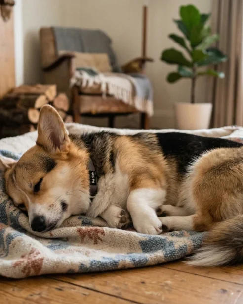 corgi sleeping on blanket in front of fire