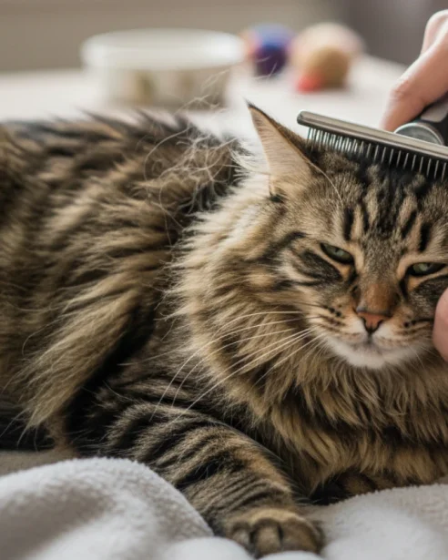 tabby domestic longhair cat being groomed