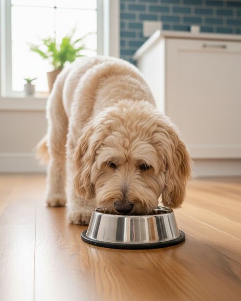 spoodle eating from stainless steel bowl