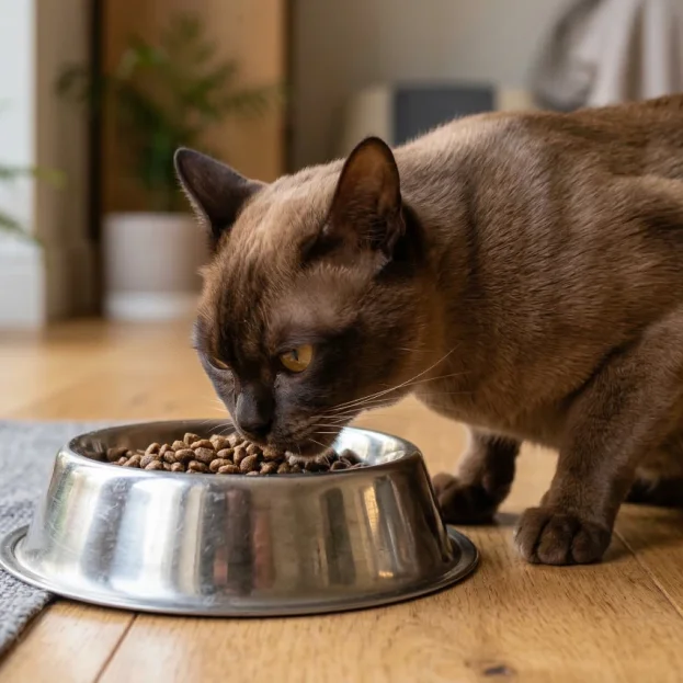 burmese cat eating dry food from bowl