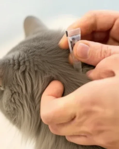 human applying parasite preventative to cat's neck