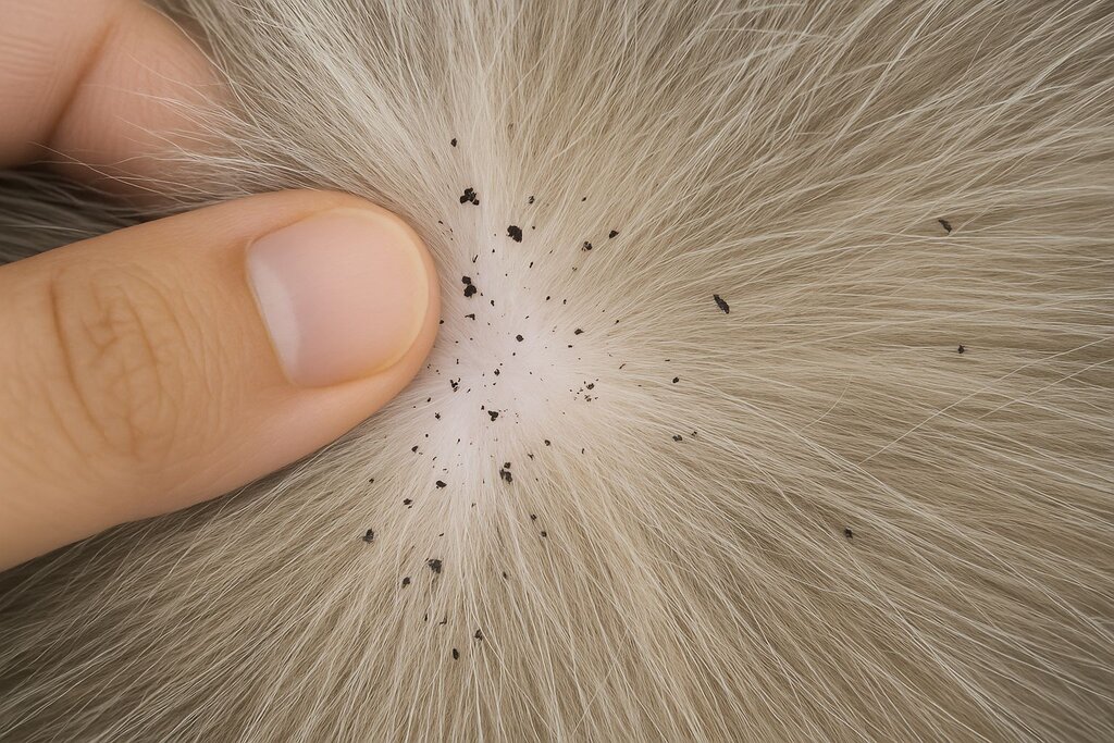 human finger parking a dog's coat with flea dirt seen