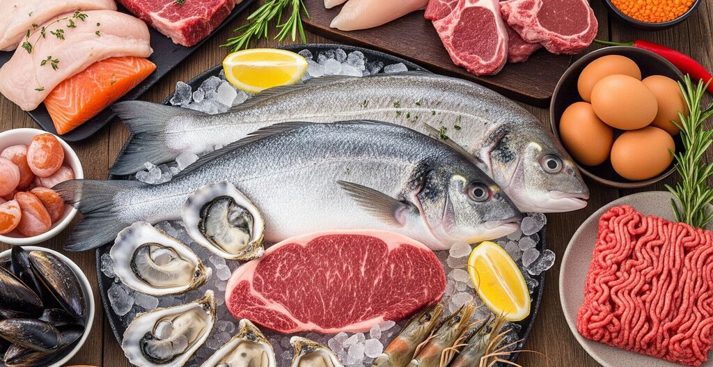 picture of fish on ice, meat, chicken and eggs