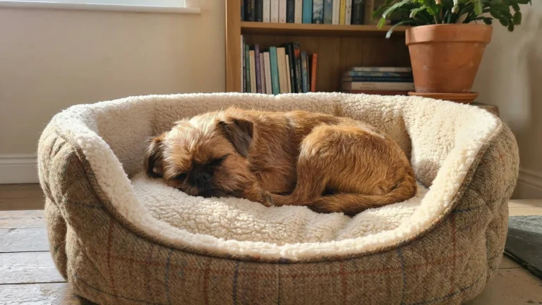 brussels griffon sleeping on dog bed