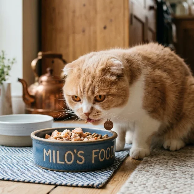 scottish fold eating from ceramic bowl
