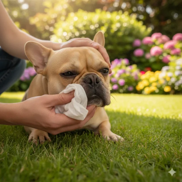 french bulldog having face wiped with pet wipe
