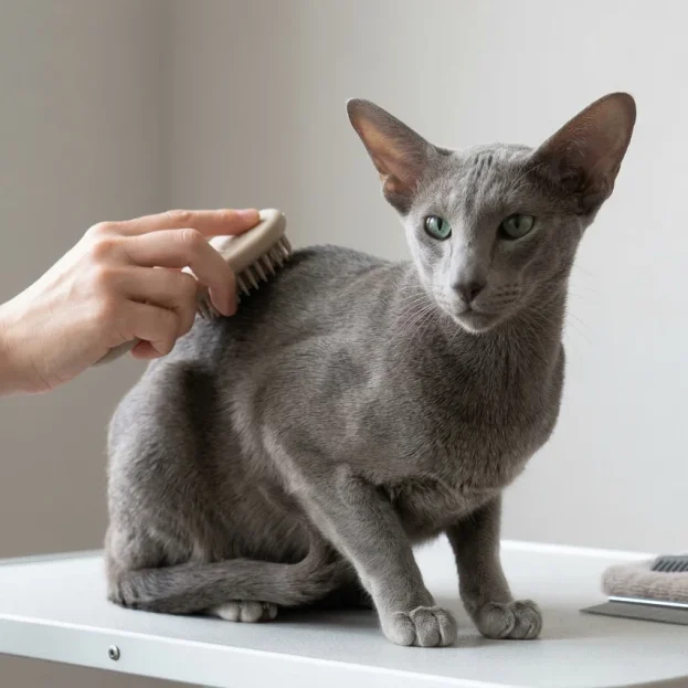 oriental shorthair cat being groomed