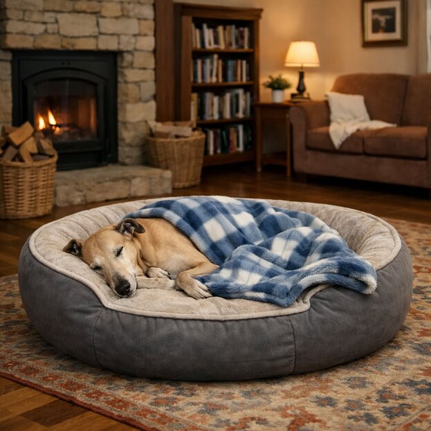 greyhound sleeping on bed