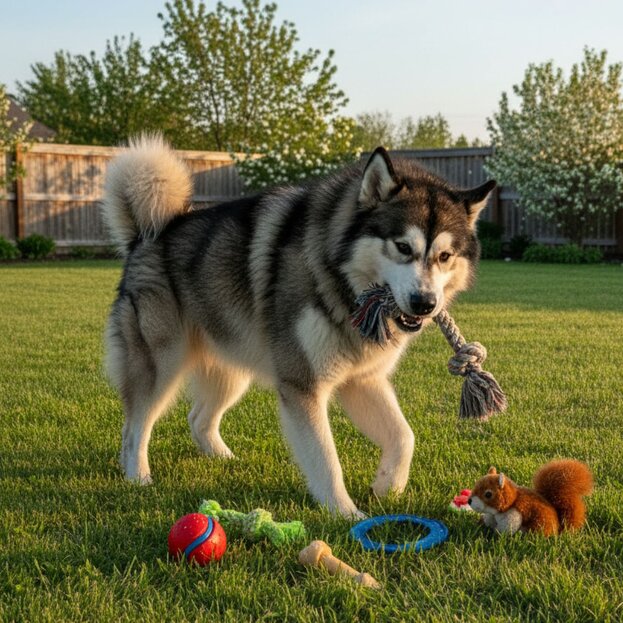 Alaskan Malamute playing with toys