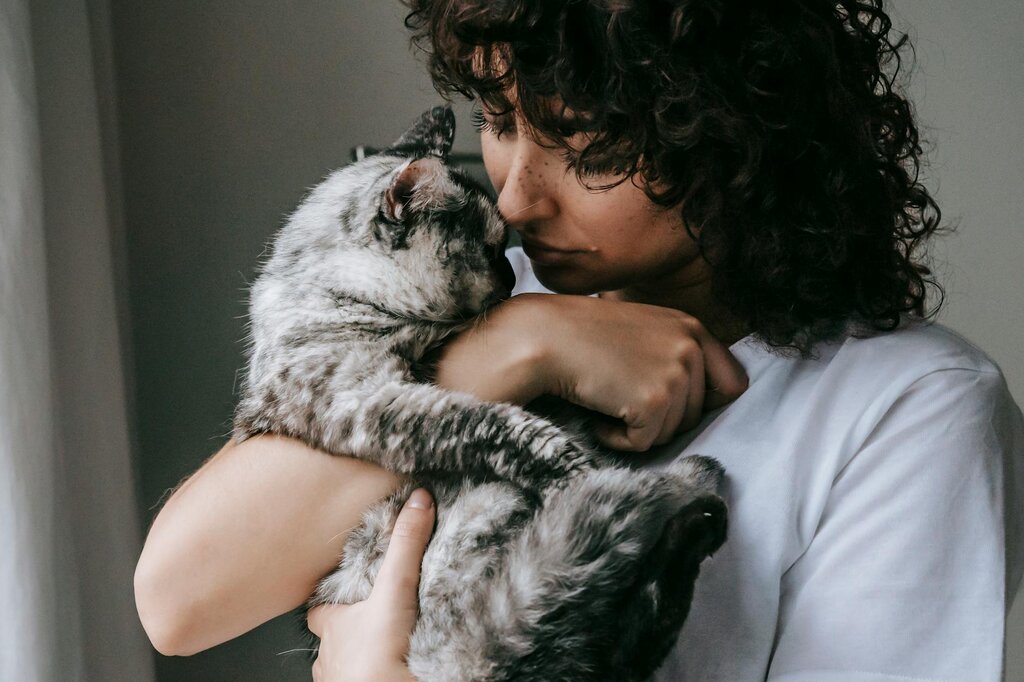 lady with brown curly hair cuddling grey cat