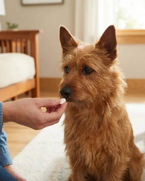 Aussie Terrier getting given a tablet