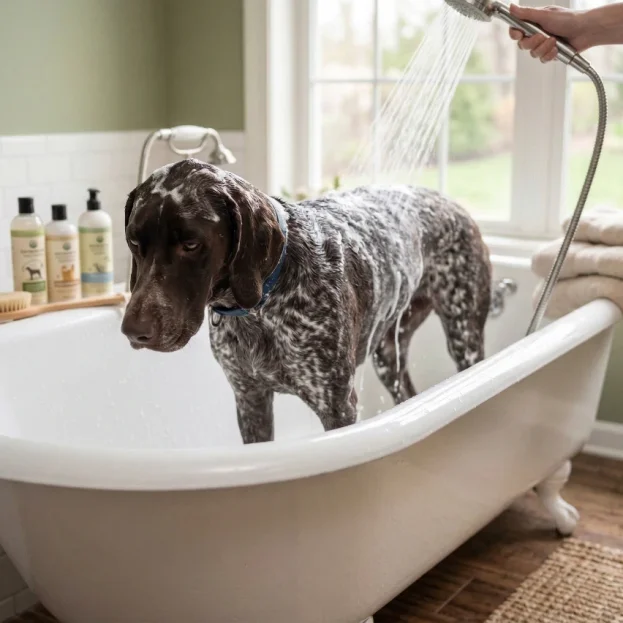 german shorthaired pointer having a bath