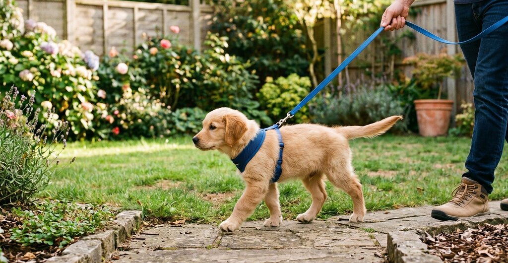puppy practising lead walking in backyard