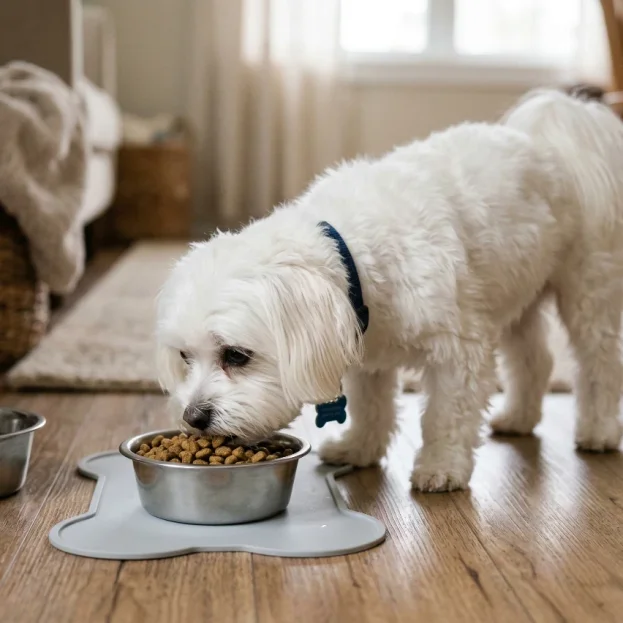 maltese eating dry food from stainless steel bowl