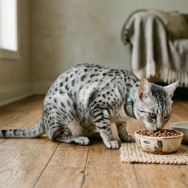egyptian mau eating dry food