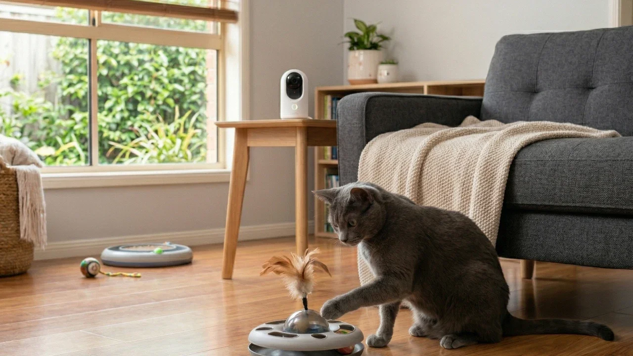 grey cat palying with an interactive toy