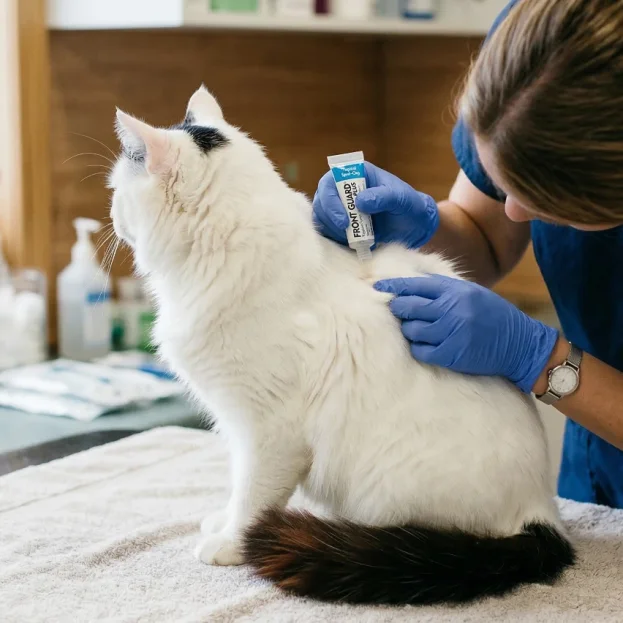 turkish van having parasite preventative applied at vet