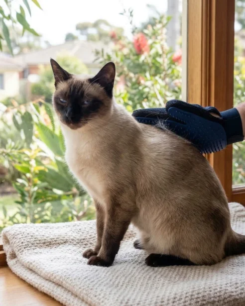 siamese cat being groomed