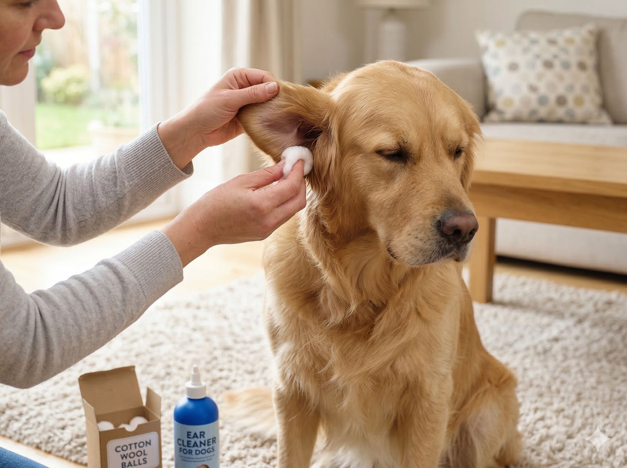 lady wiping a golden retriever's ear with cotton wool