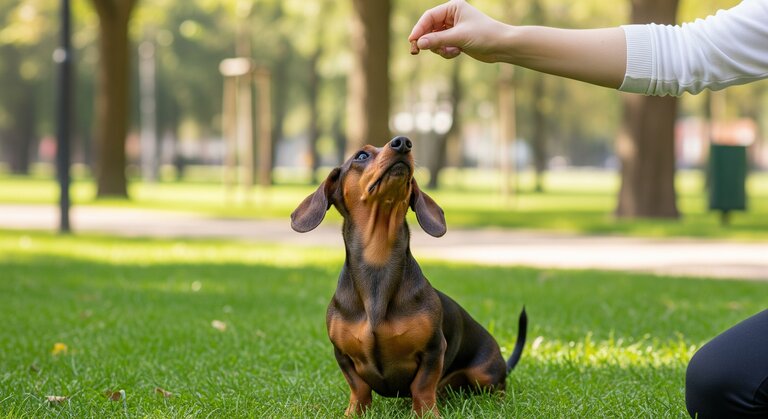 dachshund being trained to sit