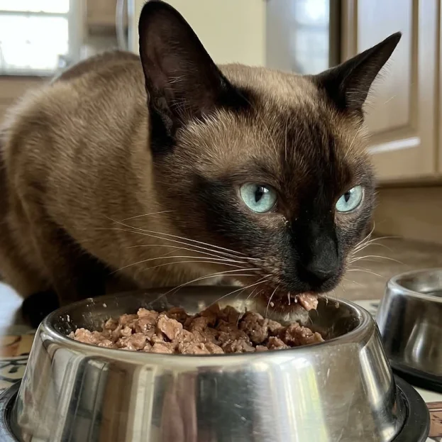 tonkinese cat eating wet food from bowl