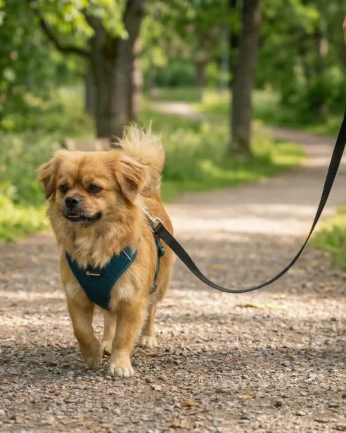 tibetan spaniel walking in a harness and lead