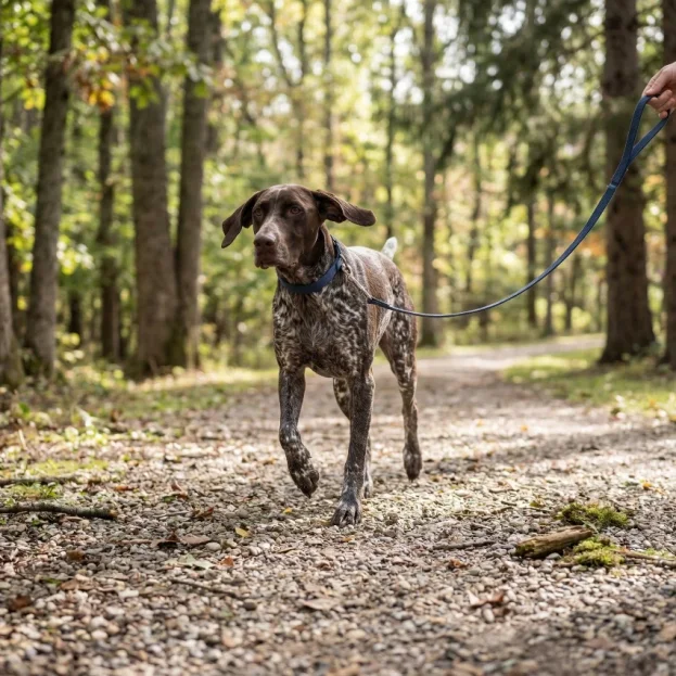 german shorthaired pointer on a walk through forest