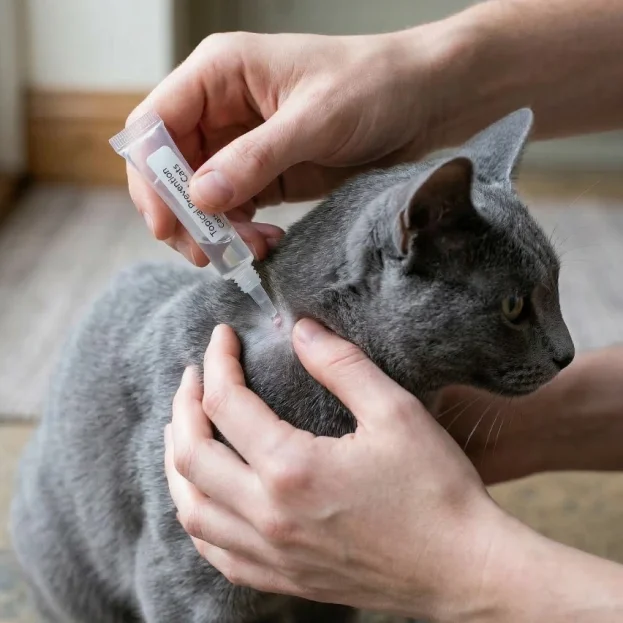human applying topical parasite preventative to russian blue