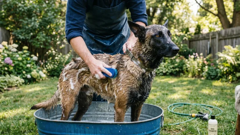 belgian malinois being bathed outdoors