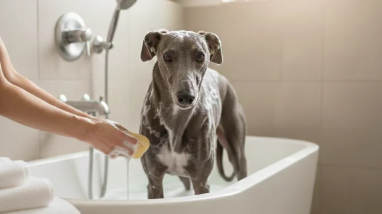 greyhound having a bath