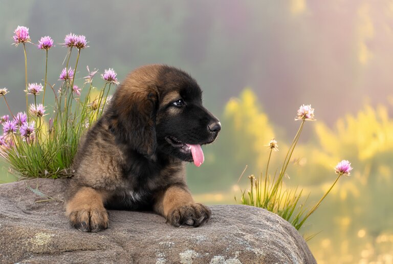 A leonberger puppy with their tongue out looking to the distance with paws on a rock and purple flowers behind them
