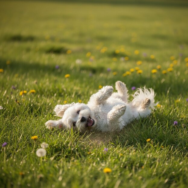 havanese rolling on grass