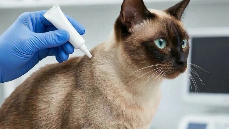 tonkinese cat having parasite preventative applied at vets