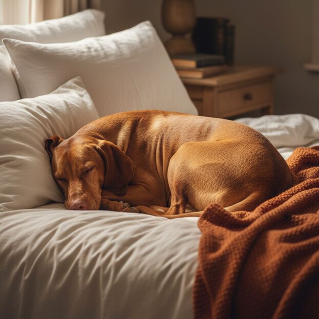 hungarian vizsla sleeping on bed